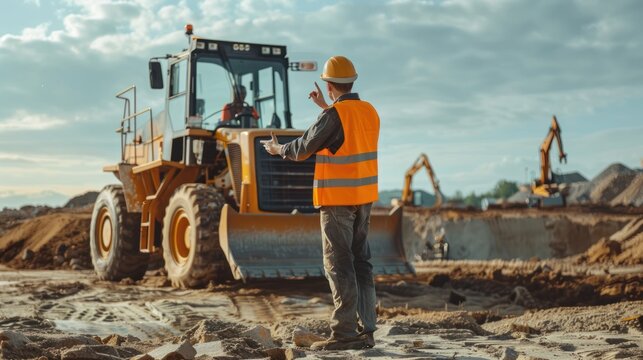 A construction worker giving hand signals to a bulldozer excavator operator on a large excavation site