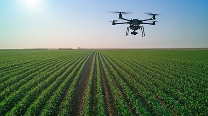 A drone capturing data on crop health from the sky, with a large field of crops stretching out below under a clear blue sky.