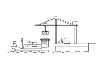 Single continuous line drawing of Warehouse, shipping, port, cargo activity and all about port activity. port and cargo minimalist concept. Simple line.