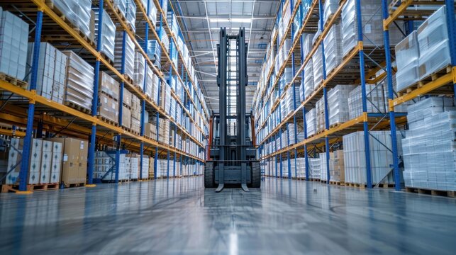 A reach forklift lifting a pallet of goods with precision in a large distribution center