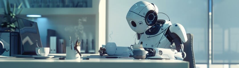 A futuristic robot assistant working at an office desk, showcasing advanced technology and a modern workspace environment.