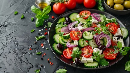 Side view of a dark plate filled with a Mediterranean mix of cucumbers, olives, feta cheese, and tomatoes, drizzled with olive oil and sprinkled with oregano, set against a dark matte surface,