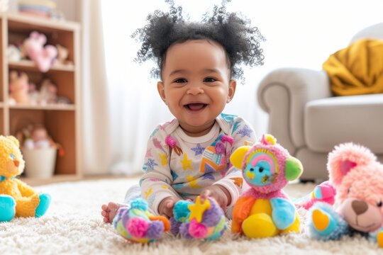 Smiling Afrodescendant Baby Girl Playing with Favorite Toys on the Living Room Carpet.