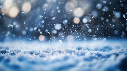 A close-up image of snowflakes gently falling, with soft bokeh lights in the background