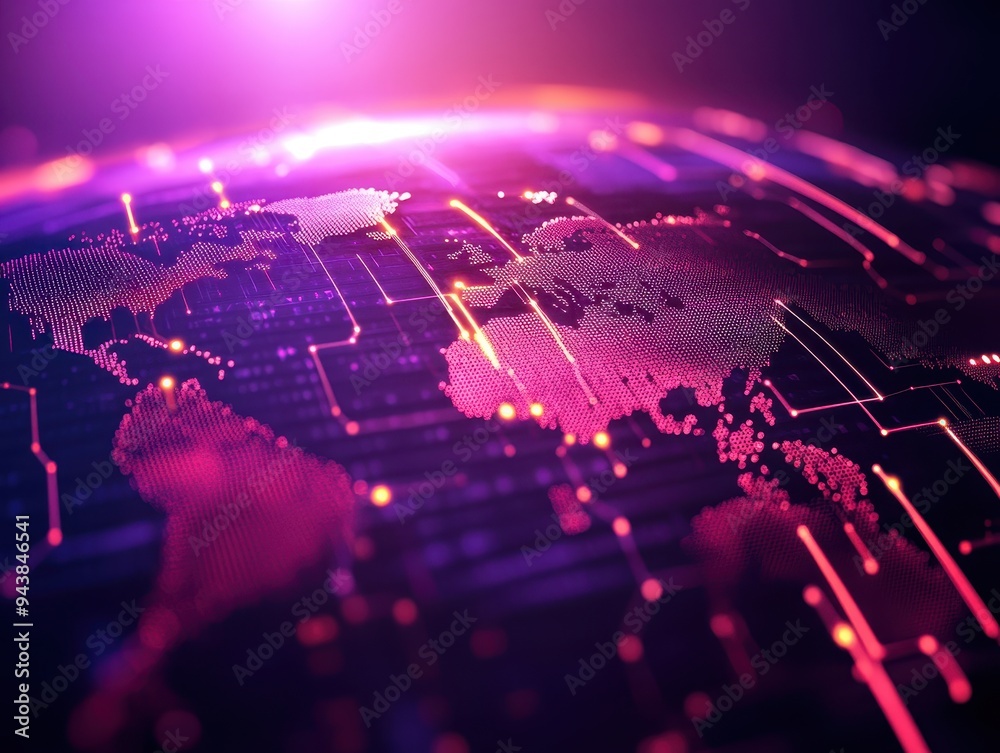 Leinwandbilder digital world map with neon lines and futuristic elements showcasing technology and connectivity on 