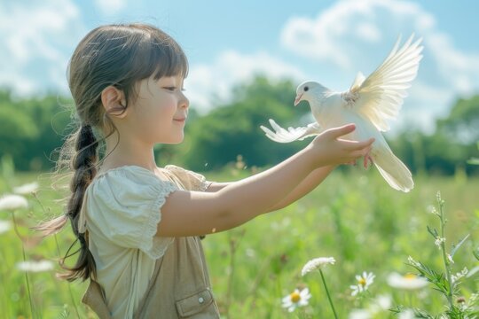 Sweet Girl Holding a White Dove in Nature for International Day of Peace.