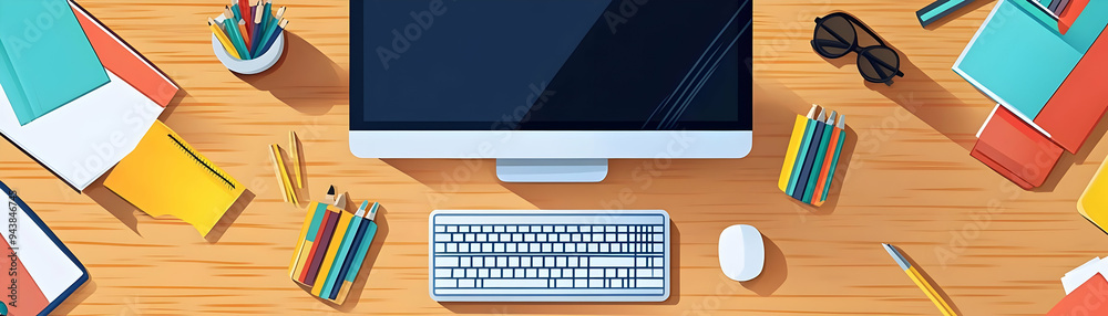 Fototapete person with computer and office supplies for it service concept as a person using a computer with of