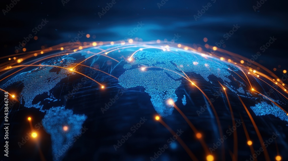 Fototapete digital world map with glowing connections showing global communication network, data flow, and tech