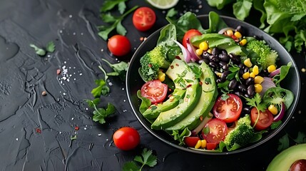 Side view of a dark plate filled with a mix of black beans, corn, avocado, and tomatoes, topped with cilantro-lime dressing, set against a dark matte surface,