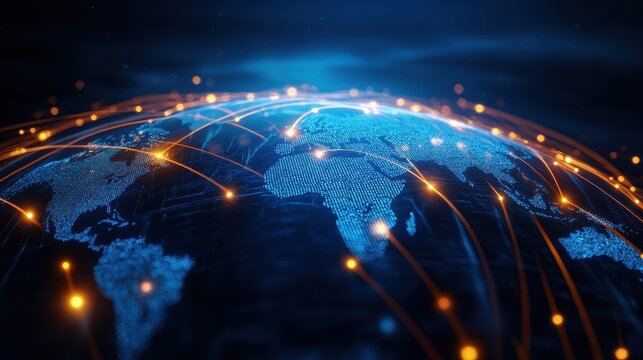 Digital world map with glowing connections showing global communication network, data flow, and technology concepts.