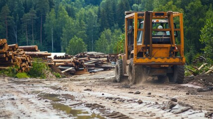 Fototapeta premium An operator driving a rough terrain forklift over uneven ground in a lumber yard