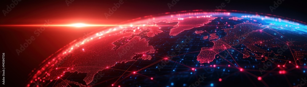 Poster Digital visualization of global network connections from space at sunrise, depicting interconnected technology and communication across the globe.