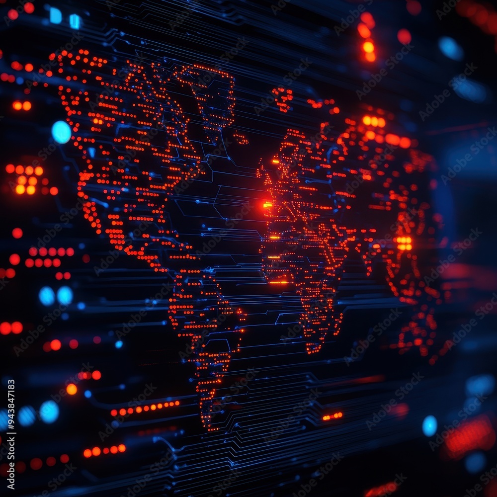 Aufkleber Digital world map illuminated with red and blue lights, representing global data and connectivity in a futuristic design.