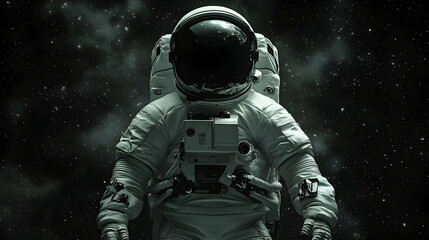 Astronaut in space suit floats against a starry sky.
