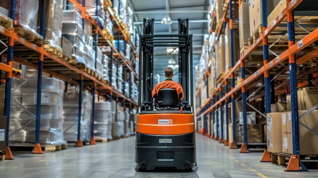 An order picker worker using the machine to retrieve items from high warehouse shelves