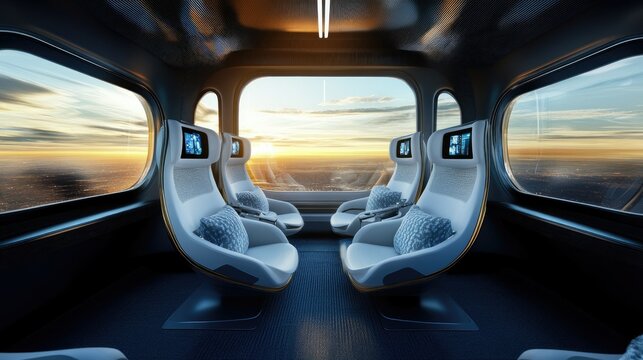 A futuristic passenger cabin with smart seats, virtual windows, and personalized in-flight entertainment systems.