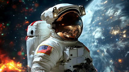 Astronaut in space suit looking at Earth with stars and a galaxy behind.