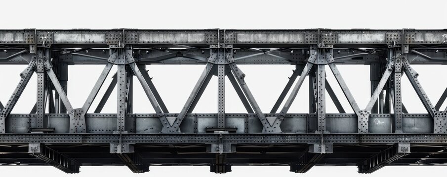 Close-up of an industrial metal bridge structure with beams and bolts, displaying architectural engineering and construction details.