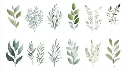 Watercolor hand-drawn illustration of various greenery elements set against a white background. The artwork features a neutral soft color palette with minimalistic design elements, including simple sh