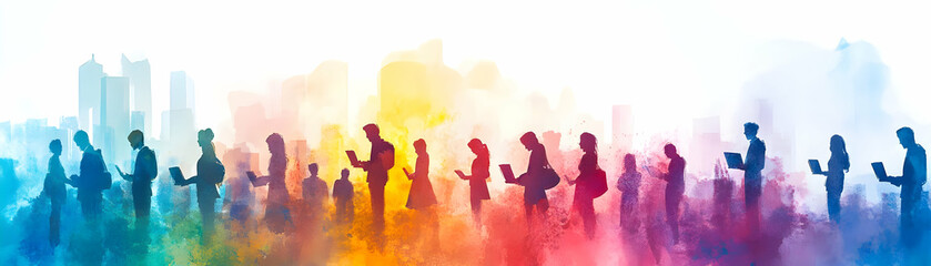 People with Watercolor Business Analytics and Laptops concept as A group of people analyzing watercolor business analytics with laptops set against a dreamy background offering ample space for text or