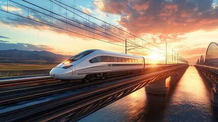 A high-speed train crossing a state-of-the-art suspension bridge, with the sun setting behind it, highlighting the engineering marvels of modern railways.