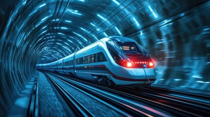 Fototapeta premium A high-speed train gliding through a futuristic tunnel with LED lights and digital displays, representing the advancements in railway infrastructure.