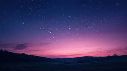 A peaceful dusk sky with shades of pink and purple, the first stars beginning to twinkle in the distance.