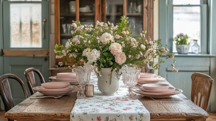 Fototapeta premium cottagecore dining decor, charming cottagecore dining room features a rustic wooden table with floral tablecloth and pastel pink dinnerware, ideal for hosting small gatherings