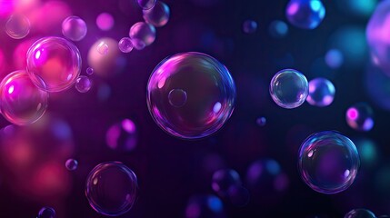 Dark backdrop with luminous neon bubbles of various sizes, creating a surreal and modern visual effect. Great for digital art and ads.