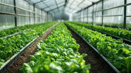 A high-tech greenhouse with automated LED lighting and temperature control, filled with rows of fresh, green vegetables.