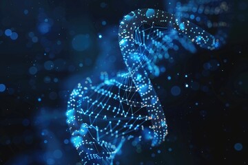 Dark blue digital background with DNA data transfer concept.
