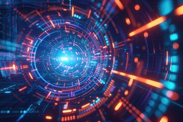 Futuristic geometric background with neon HUD elements for big data visualization.