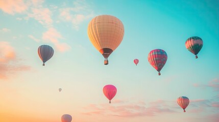 Fototapeta premium A sky filled with colorful hot air balloons floating gently above the horizon, creating a cheerful and uplifting scene.
