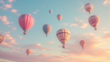 Fototapeta premium A sky filled with colorful hot air balloons floating gently above the horizon, creating a cheerful and uplifting scene.