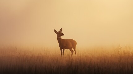 A lone deer standing in a misty meadow at dawn, with no other creatures visible in the soft morning light, embodying the peace and solitude of the wild.