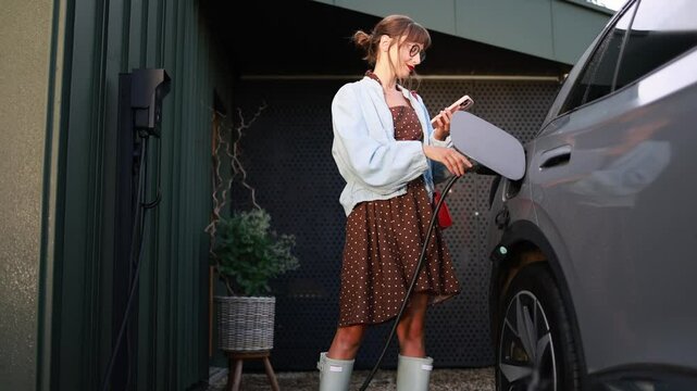 A young woman uses her smartphone while her electric car charges at a home charging station. The scene highlights the integration of technology and sustainable living