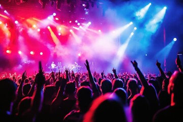 Crowd of Silhouetted People with Raised Hands at a Concert with Bright Stage Lights
