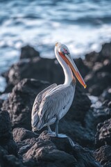 A great blue heron (Ardea herodias) standing on a rock in the ocean.