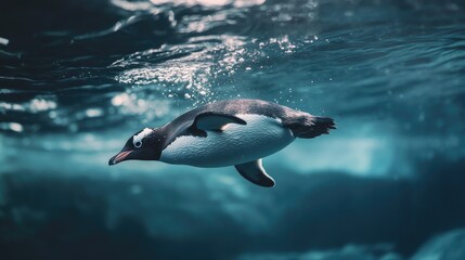 A lone penguin swimming underwater, its wings flapping quickly as it glides through the water