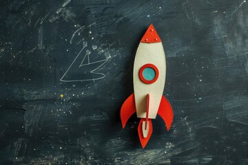 Back to school banner with paper rocket on blackboard