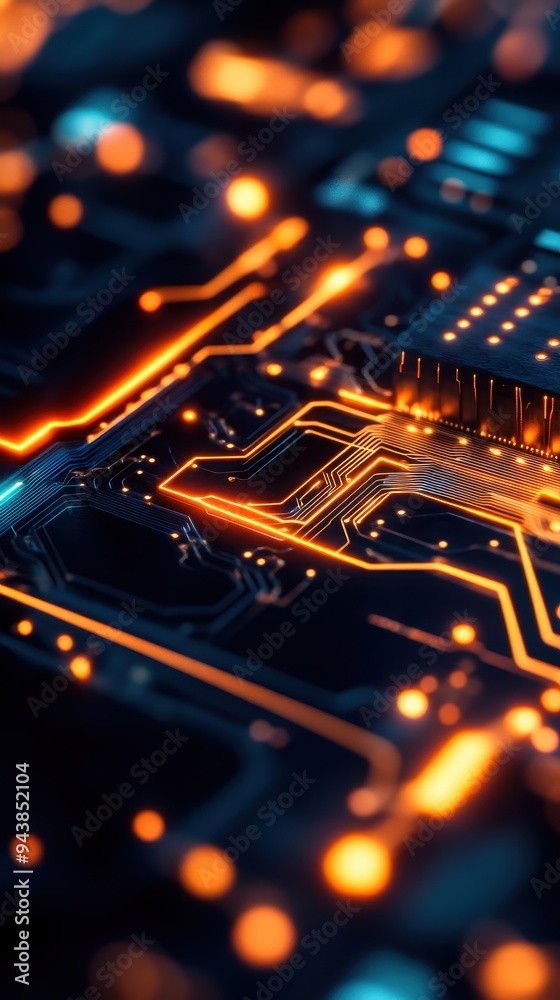 Aufkleber close-up of a modern, illuminated circuit board highlighting intricate details and futuristic design