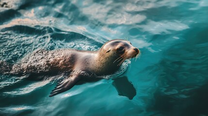 A lone sea lion swimming near the shore, its body moving gracefully through the water