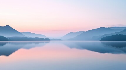 Fototapeta premium A tranquil dawn sky with subtle hues of pink and blue as the sun rises over a calm lake.