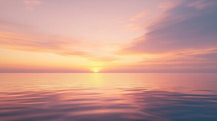 A tranquil sky at twilight with shades of orange and pink, the last light of day reflecting on a calm sea.