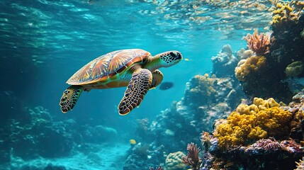 Obraz premium A lone sea turtle swimming near a coral reef, surrounded by colorful marine life in a tranquil underwater scene
