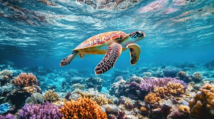 Fototapeta premium A lone sea turtle swimming near a coral reef, surrounded by colorful marine life in a tranquil underwater scene