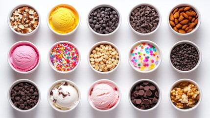 A variety of ice cream toppings like sprinkles, nuts, and chocolate chips in small bowls, arranged neatly on a white background.