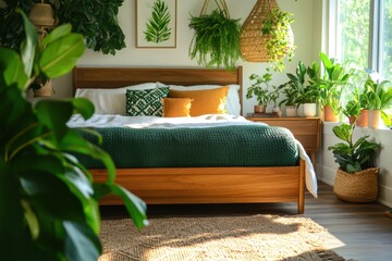 Bright bedroom with green plants and wooden furniture, creating a cozy, natural atmosphere with warm sunlight streaming in through the window.