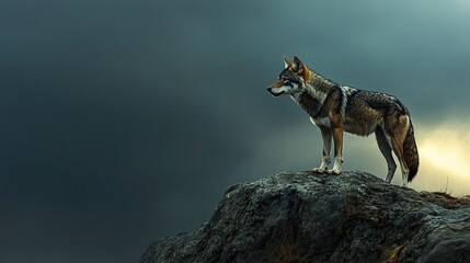 A lone wolf standing on a rocky hill, with a storm brewing on the horizon, a symbol of strength and solitude.