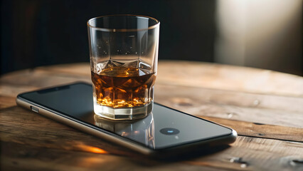 Smartphone with holographic whiskey glass floating above isolated on white with copy space concept as A smartphone lies on a white surface with a holographic whiskey glass icon floating above it. The 